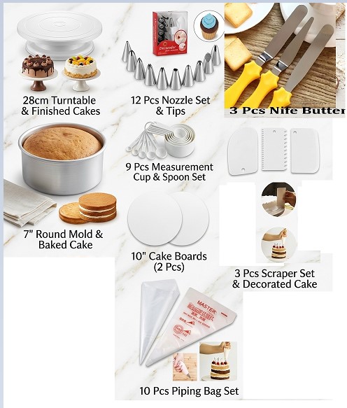 Picture of 8P7  Combo Turn Table Full , 12 Deco Nozel , 3 Butter spread , 7" Round Mold , White M Cup set , 3 Scrapper , 10 piping Bag , 10" Cake Board 2 Pcs -Multicolor