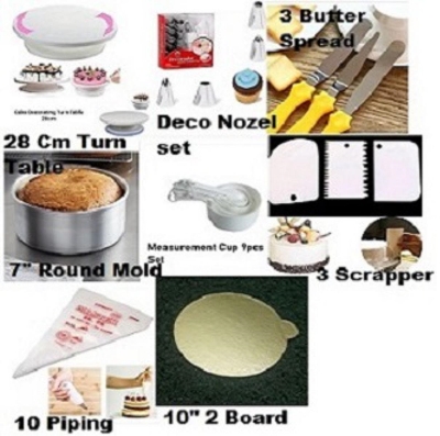 Picture of 8P7  Combo Turn Table Full , 12 Deco Nozel , 3 Butter spread , 7" Round Mold , White M Cup set , 3 Scrapper , 10 piping Bag , 10" Cake Board 2 Pcs -Multicolor
