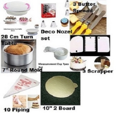 Picture of 8P7  Combo Turn Table Full , 12 Deco Nozel , 3 Butter spread , 7" Round Mold , White M Cup set , 3 Scrapper , 10 piping Bag , 10" Cake Board 2 Pcs -Multicolor