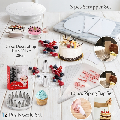 Picture of 4P Cake Decorating Turntable - 28 cm +12 pieces Cake decoration Nozzle set + 10 Piping Bags + 3 pcs scrapper combo pack of 4 items -Multicolor