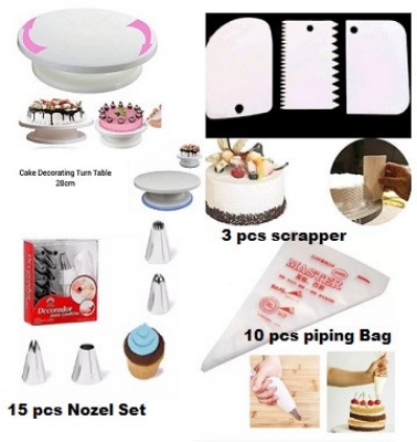 Picture of 4P Cake Decorating Turntable - 28 cm +12 pieces Cake decoration Nozzle set + 10 Piping Bags + 3 pcs scrapper combo pack of 4 items -Multicolor