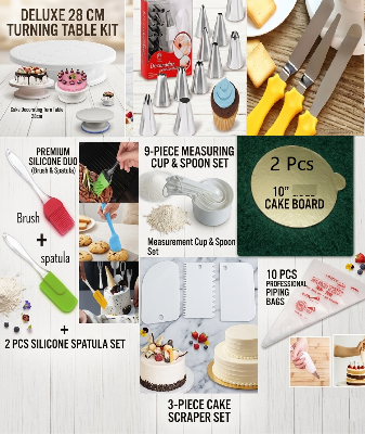 Picture of 8PO Combo Cake Turn Table + 12 & 3 Nozel Set + 3 Nife + 2 Oil Brush + 9 M set Cup + 3 Scrapper + 10" 2 Board + 10 Piping Bag -Multicolor