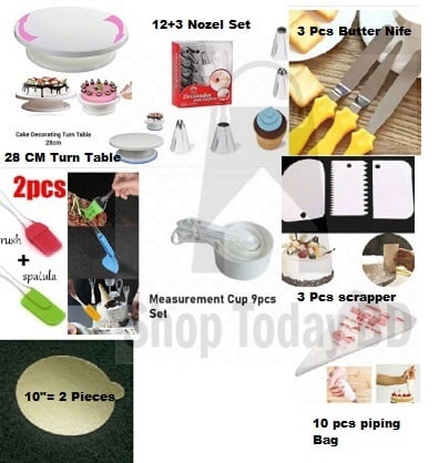 Picture of 8PO Combo Cake Turn Table + 12 & 3 Nozel Set + 3 Nife + 2 Oil Brush + 9 M set Cup + 3 Scrapper + 10" 2 Board + 10 Piping Bag -Multicolor
