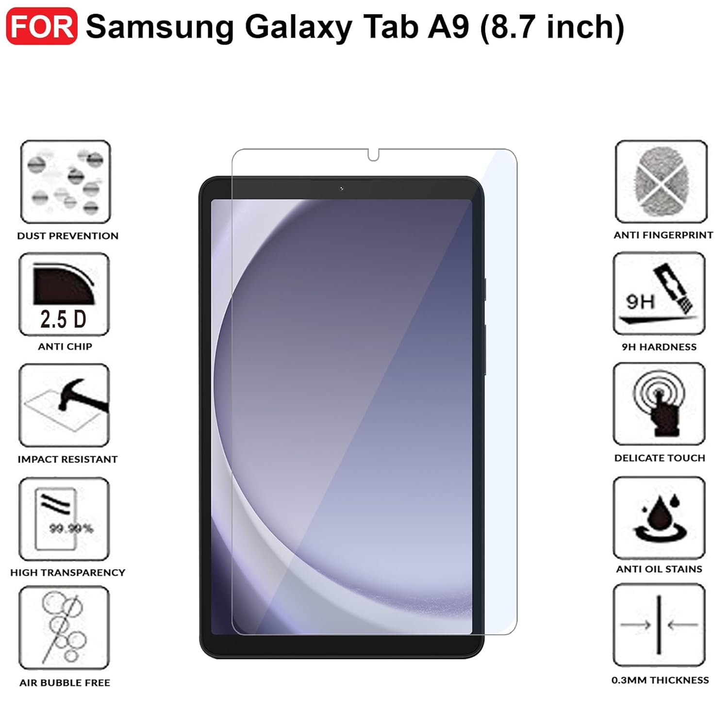 Picture of Samsung Galaxy Tab A9 8.7 inches SM-X110, SM-X115 Clear Transparent Tempered Glass Film Screen Protector
