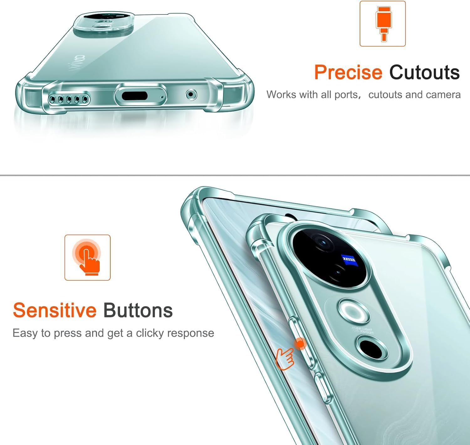 Picture of vivo V40 5G Silicone Clear Case Soft Flexible TPU Rubber Bumper Shockproof Corners Transparent Clear Back Cover