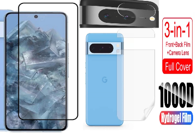 Picture of 3in1 Protector Combo Pack for Google Pixel 8 5G (5d Full Screen Protector Glass+Back Hydrogel Protector Poly+Camera Lens Protector)
