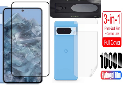 Picture of 3in1 Protector Combo Pack for Google Pixel 8a 5G (5d Full Screen Protector Glass+Back Hydrogel Protector Poly+9h Camera Lens Protector)