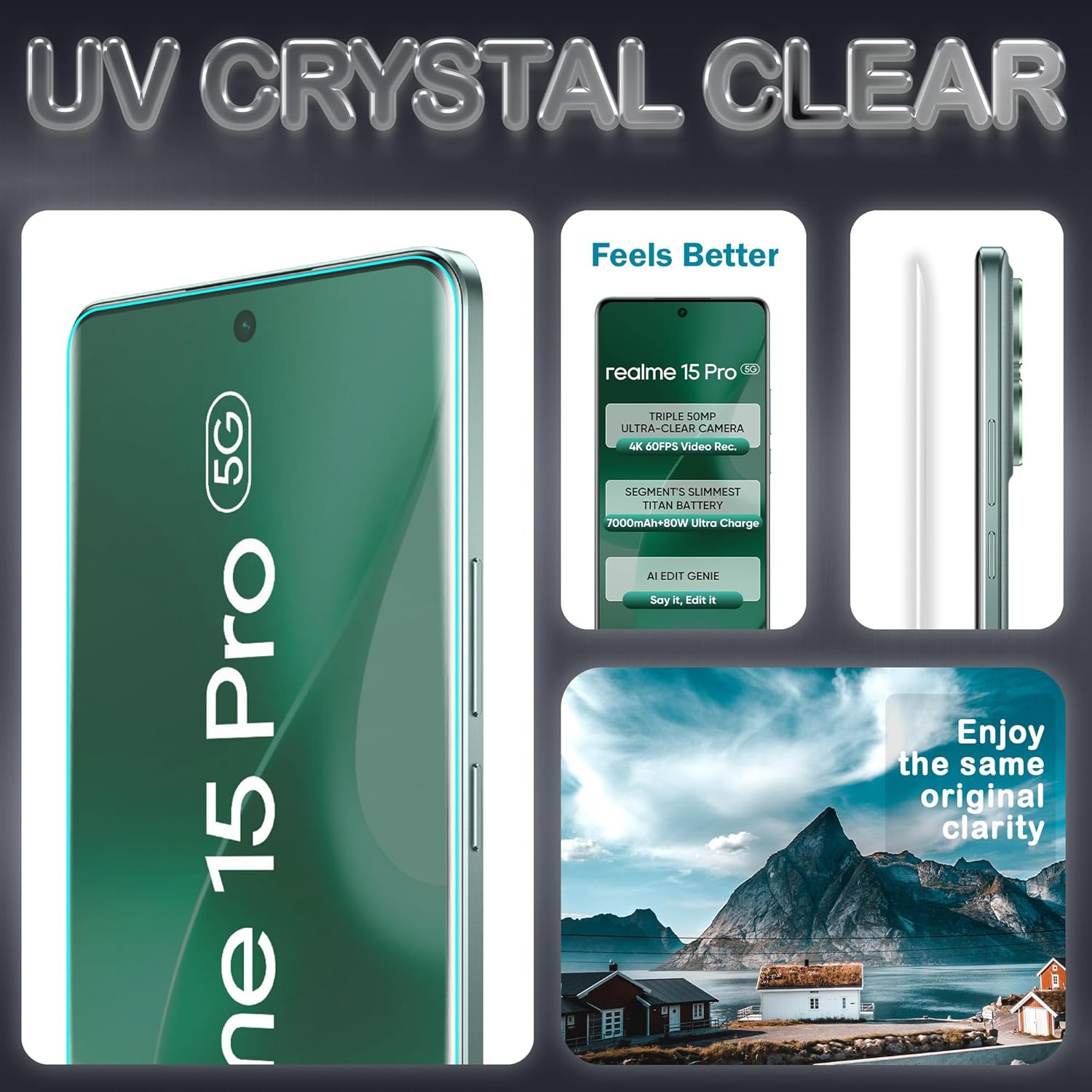Picture of Realme 15 5G (A+ GRADE) Premium UV Tempered Glass Screen Protector Curved with Liquid Glue and UV Light -Transparent Clear