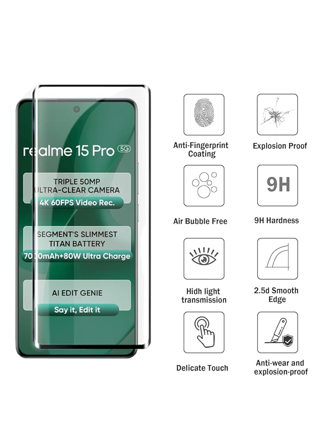 Picture of Realme 15 Pro 5G Full Glue 9D Curved Tempered Glass Screen Protector Edge to Edge Fit Protection Tempered Glass (Black)