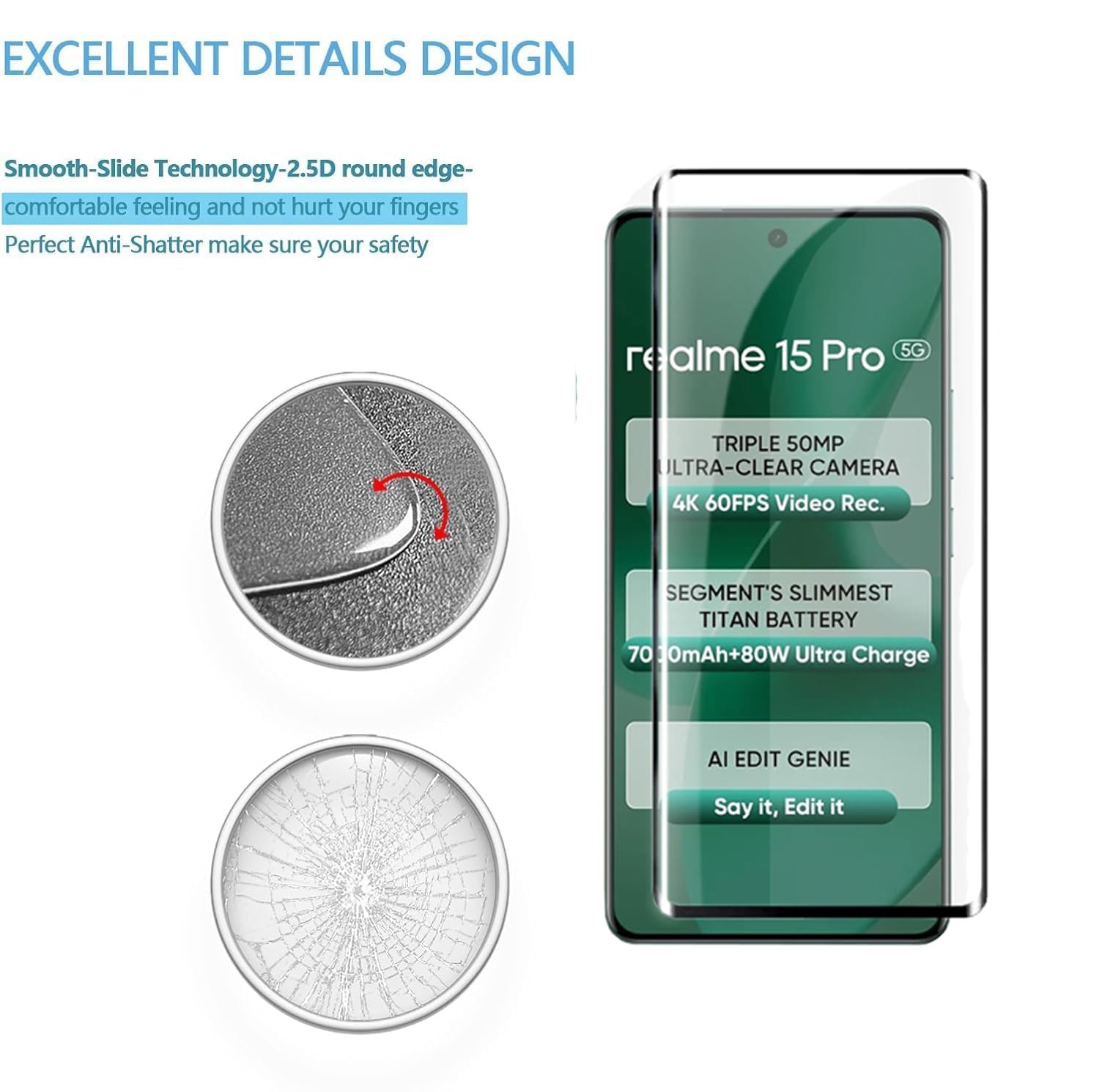 Picture of Realme 15 Pro 5G Full Glue 9D Curved Tempered Glass Screen Protector Edge to Edge Fit Protection Tempered Glass (Black)