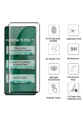 Picture of Realme 15 5G Full Glue 9D Curved Tempered Glass Screen Protector Edge to Edge Fit Protection Tempered Glass (Black)
