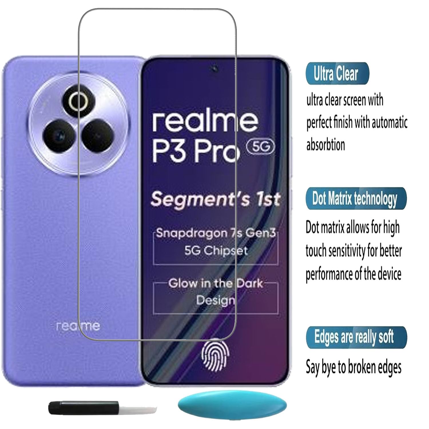 Picture of Realme P3 Pro 5G (A+ GRADE) Premium UV Tempered Glass Screen Protector Curved with Liquid Glue and UV Light -Transparent Clear