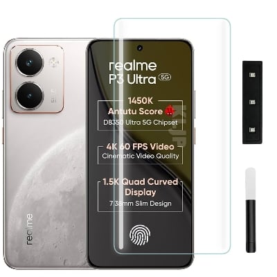 Picture of Realme P3 Ultra 5G (A+ GRADE) Premium UV Tempered Glass Screen Protector Curved with Liquid Glue and UV Light -Transparent Clear