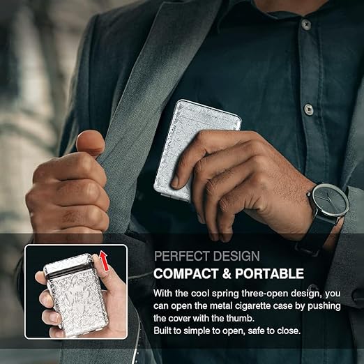 Picture of Retro European Carved Metal Cigarette Case, 3-Sided Design, Peaky Blinders Style Tri-Fold Cigarette Box, Holds 14 Cigarettes (84 mm), Unique Birthday Gift, Black