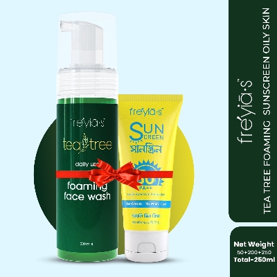Picture of Freyias Tea Tree Daily foaming Facewash 200ml+ Freyias Sunscreen SPF 50 PA++  for oily skin Orange