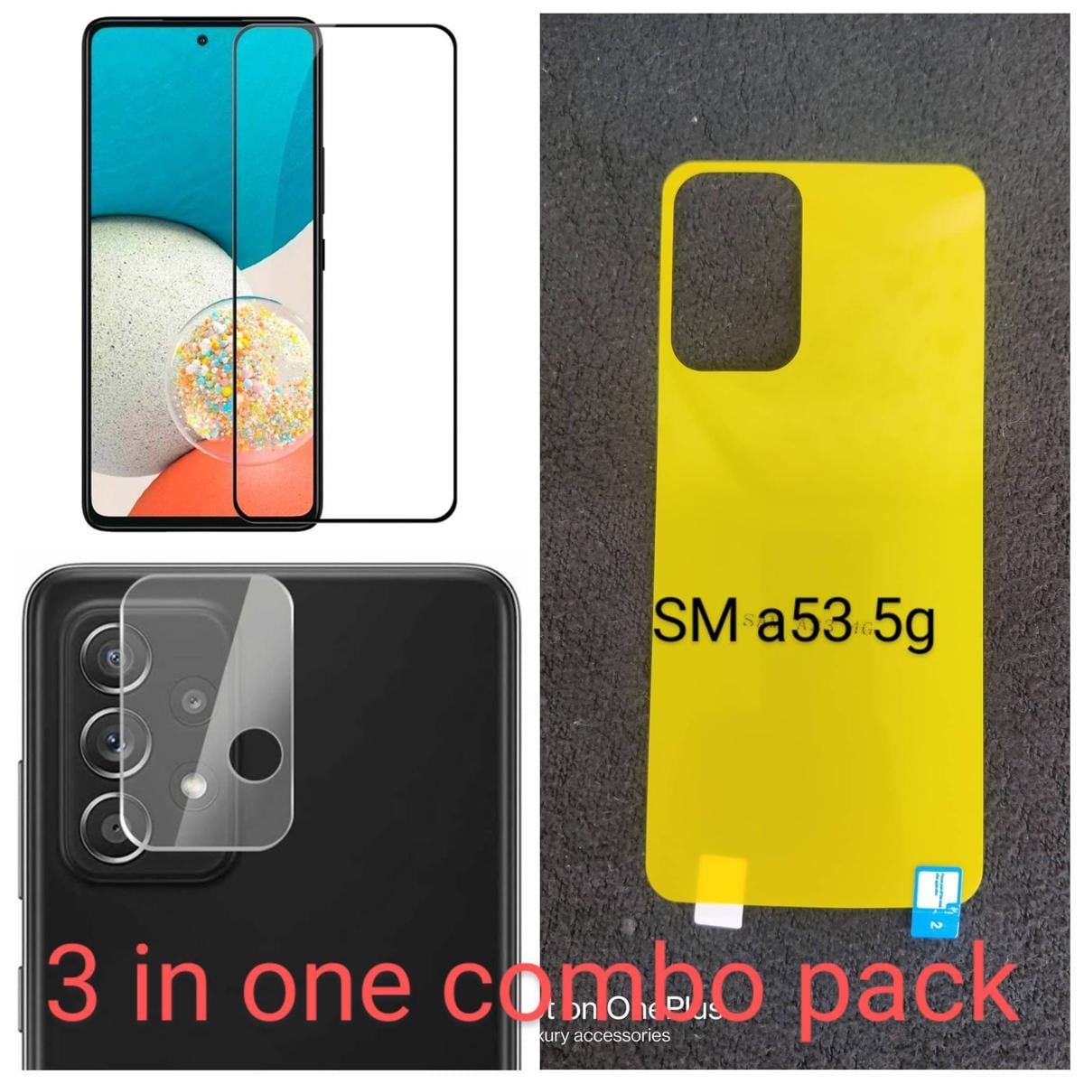 Picture of 3 in one combo pack  for Samsung Galaxy A13 / A23 / A33 / A53 5G / A73 5G Full Cover Tempered Glass Screen Protector + Clear Transparent Scratch Resistant Ultra Thin Back Protector Film + HD Camera Lens Protector Film