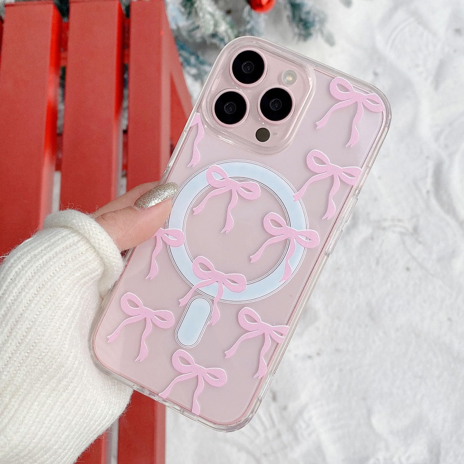 Picture of Magnetic for iPhone 16 Pro Case, Bow Case Compatible with MagSafe, Wireless Slim Clear Ribbon Aesthetic Phone Case Anti-Yellowing Shockproof Protective Cover for Women Girl - Pink