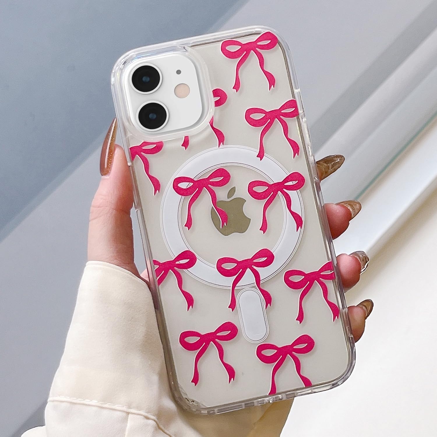 Picture of Magnetic for iPhone 16 Pro Case, Bow Case Compatible with MagSafe, Wireless Slim Clear Ribbon Aesthetic Phone Case Anti-Yellowing Shockproof Protective Cover for Women Girl - Pink