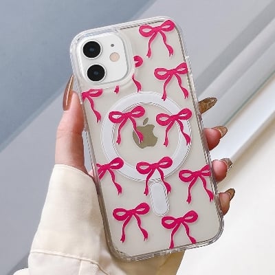 Picture of Magnetic for iPhone 16 Pro Case, Bow Case Compatible with MagSafe, Wireless Slim Clear Ribbon Aesthetic Phone Case Anti-Yellowing Shockproof Protective Cover for Women Girl - Pink