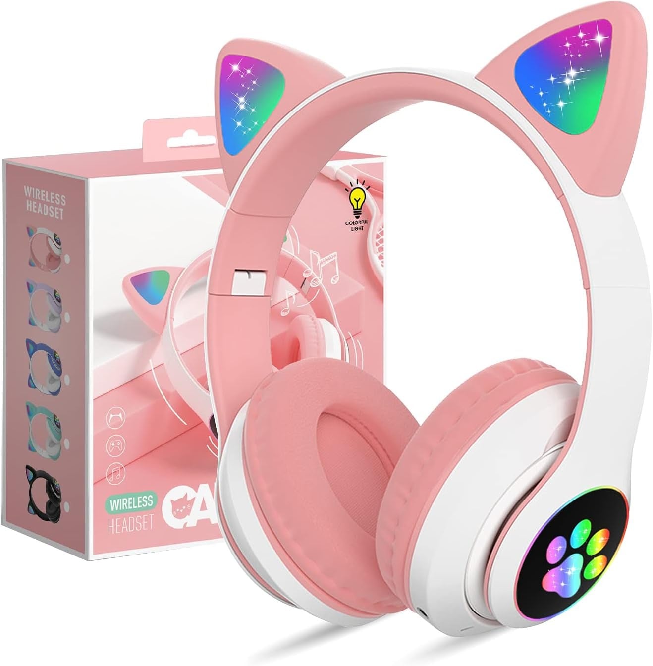 Picture of STN28 LED Cat Ear Headset Noise Cancelling Headphones Bluetooth 5.0 Colorful Kids Headset Support TF Card 3.5mm Plug with Mic