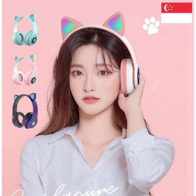 Picture of STN28 LED Cat Ear Headset Noise Cancelling Headphones Bluetooth 5.0 Colorful Kids Headset Support TF Card 3.5mm Plug with Mic