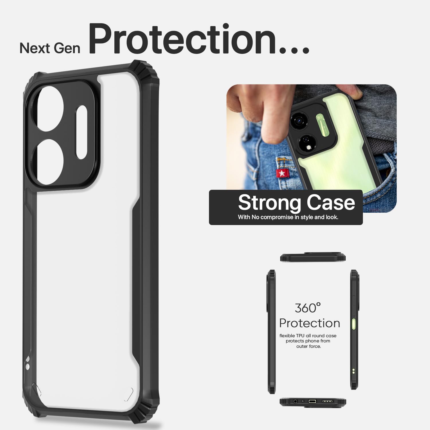 Picture of itel P55 5G Back Cover | Crystal Clear Transparent Back | Ultra Hyrbid | Full Camera Protection | Raised Edge | Bumper Back Case (Black)