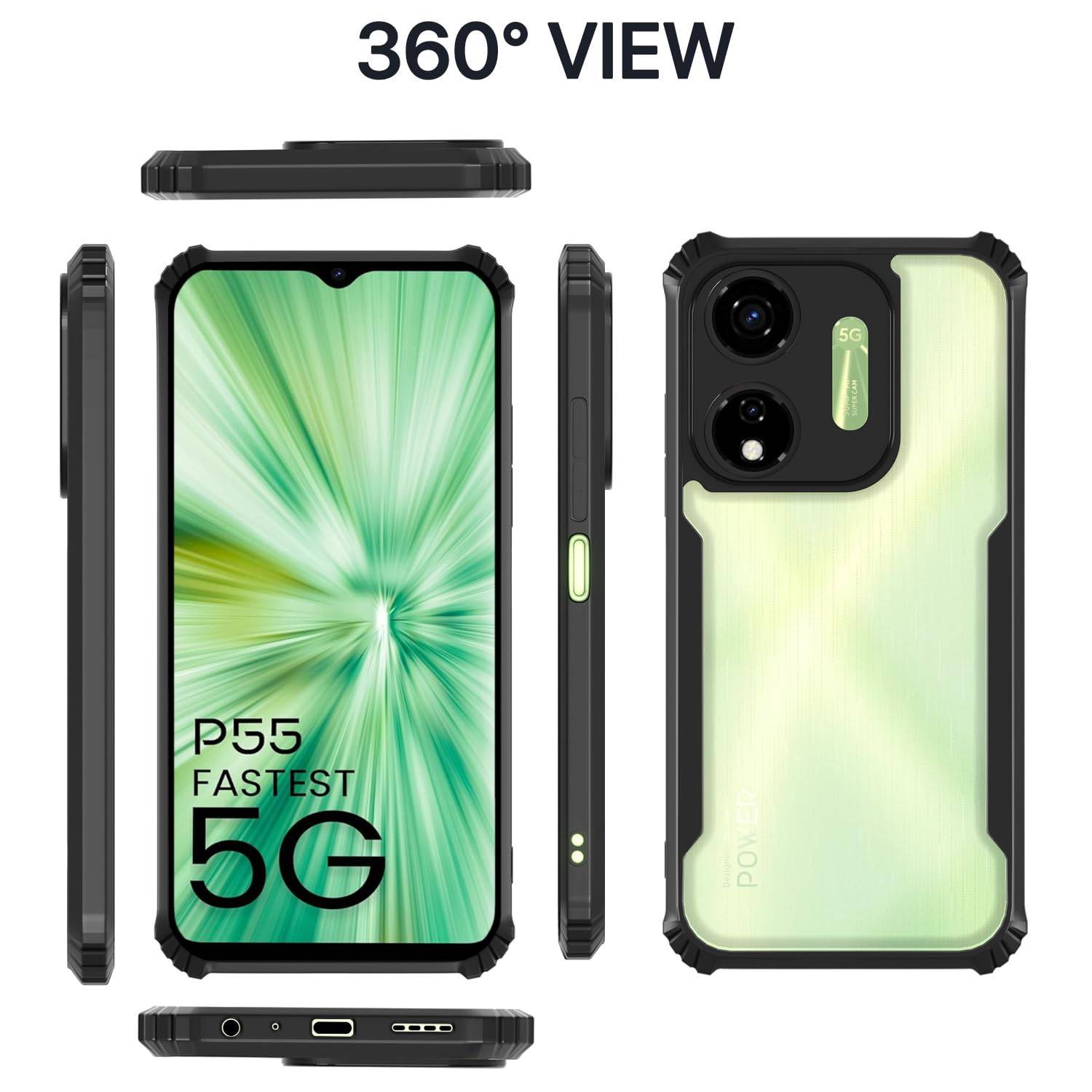 Picture of itel P55 5G Back Cover | Crystal Clear Transparent Back | Ultra Hyrbid | Full Camera Protection | Raised Edge | Bumper Back Case (Black)