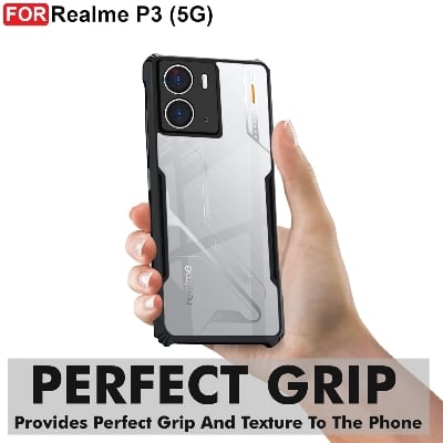 Picture of Realme P3 (5G) Back Case Cover | Camera Protection Shockproof Bumper-Edge | Acrylic Crystal Clear 360 Degree Protection TPU+PC | Transparent Eagle Back Case Cover (Black)