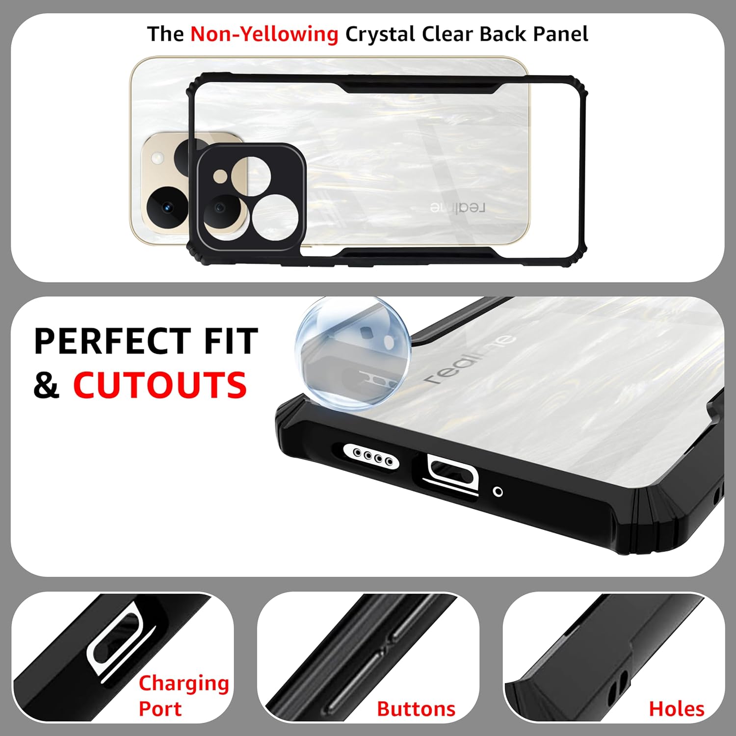 Picture of Realme 15T (5G) Back Case Cover | Camera Protection Shockproof Bumper-Edge | Acrylic Crystal Clear 360 Degree Protection TPU+PC | Transparent Eagle Back Case Cover (Black)