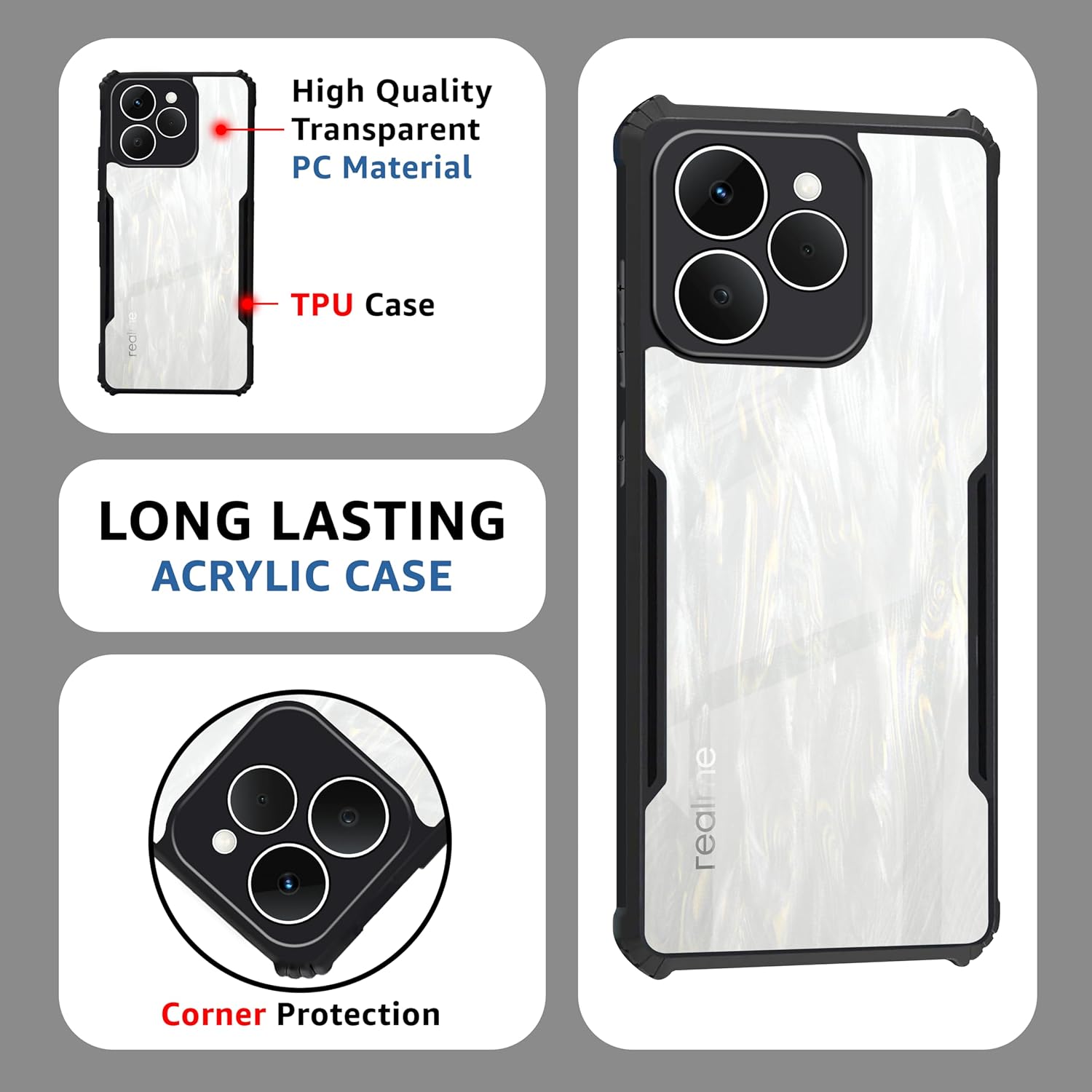 Picture of Realme 15T (5G) Back Case Cover | Camera Protection Shockproof Bumper-Edge | Acrylic Crystal Clear 360 Degree Protection TPU+PC | Transparent Eagle Back Case Cover (Black)