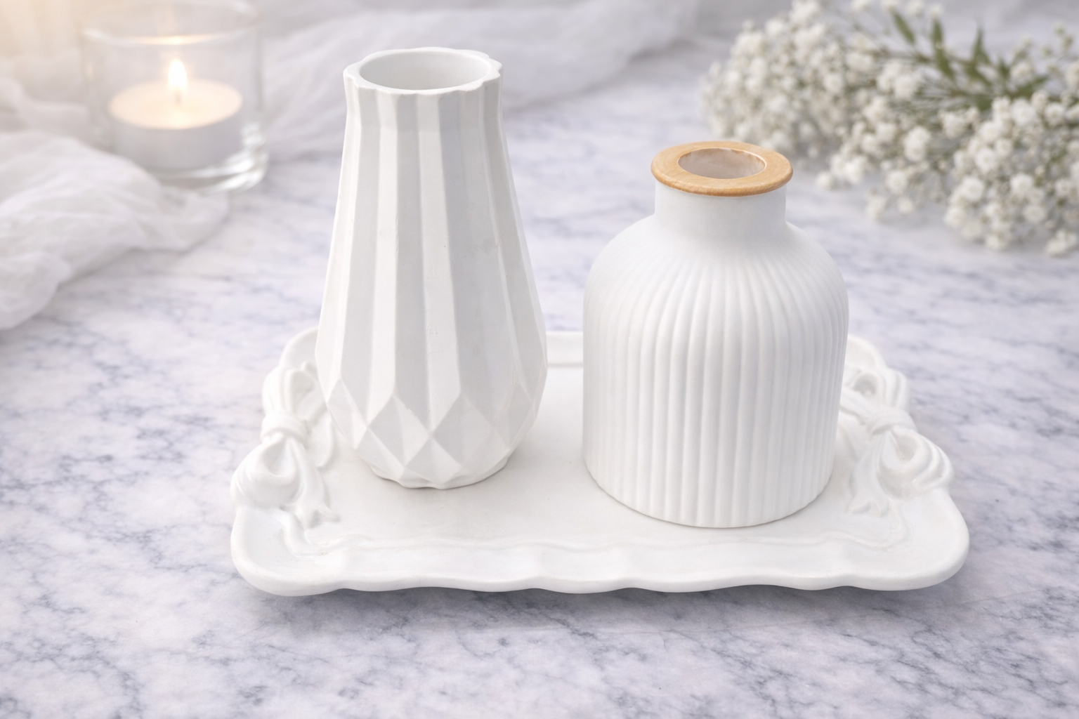 Picture of Ribbed round turbine vase mini for home and living room decoration combo(set of 2 vase and a tray)