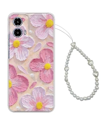 Picture of Printed Back Cover for Motorola Moto G96 5G Back Cover Case with Phone Charm Chain Strap Beads & Pearls for Girls Stylish - Pink Beach Floral Trendy and Hearts Charms