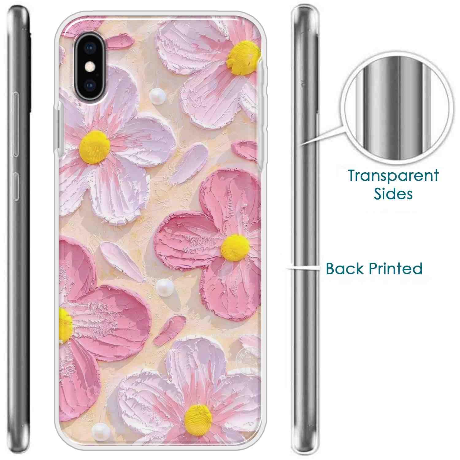Picture of Printed Back Cover for Motorola Moto G96 5G Back Cover Case with Phone Charm Chain Strap Beads & Pearls for Girls Stylish - Pink Beach Floral Trendy and Hearts Charms