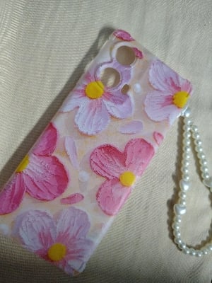 Picture of Printed Back Cover for Motorola Moto G96 5G Back Cover Case with Phone Charm Chain Strap Beads & Pearls for Girls Stylish - Pink Beach Floral Trendy and Hearts Charms