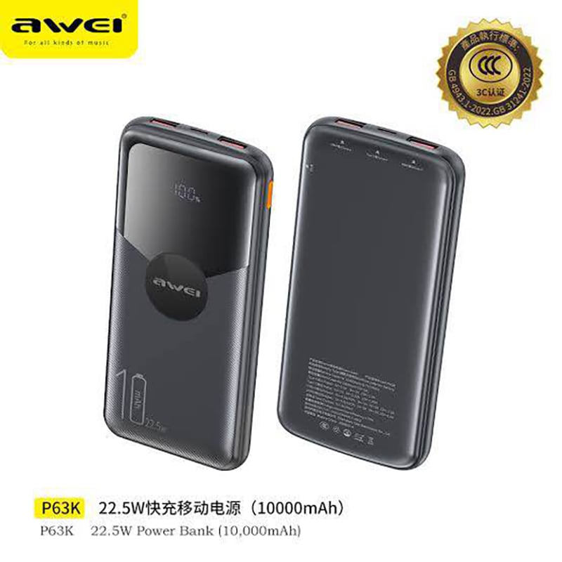 Picture of Awei P63K Power Bank 10000mAh 22.5W Fast Charging Power Bank -Black