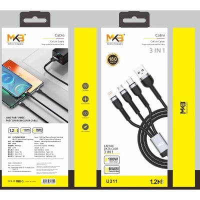 Picture of MKB U311 3 in 1 USB -LIGHTNING/Type-c/micro /100W higt power/FAST Cafule cable -Black