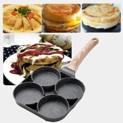 Picture of 4 Hole Omelet Pan for Burger Egg Ham Pancake Maker Wooden Handle Frying Pan
