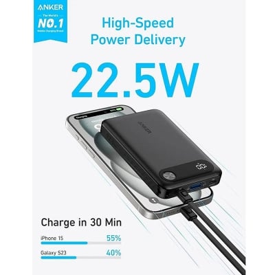Picture of Anker Powercore Power Bank 10000mAh, 22.5W Portable Charger, USB-C To USB-C Cable, Ultra-Slim And Compact Design, Black -Black