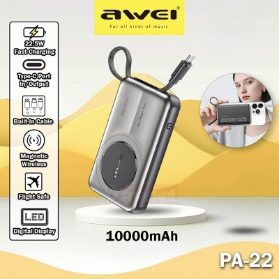 Picture of Awei PA22 10000mAh 22.5W Wireless Built-in Type Cable Power Bank -Black