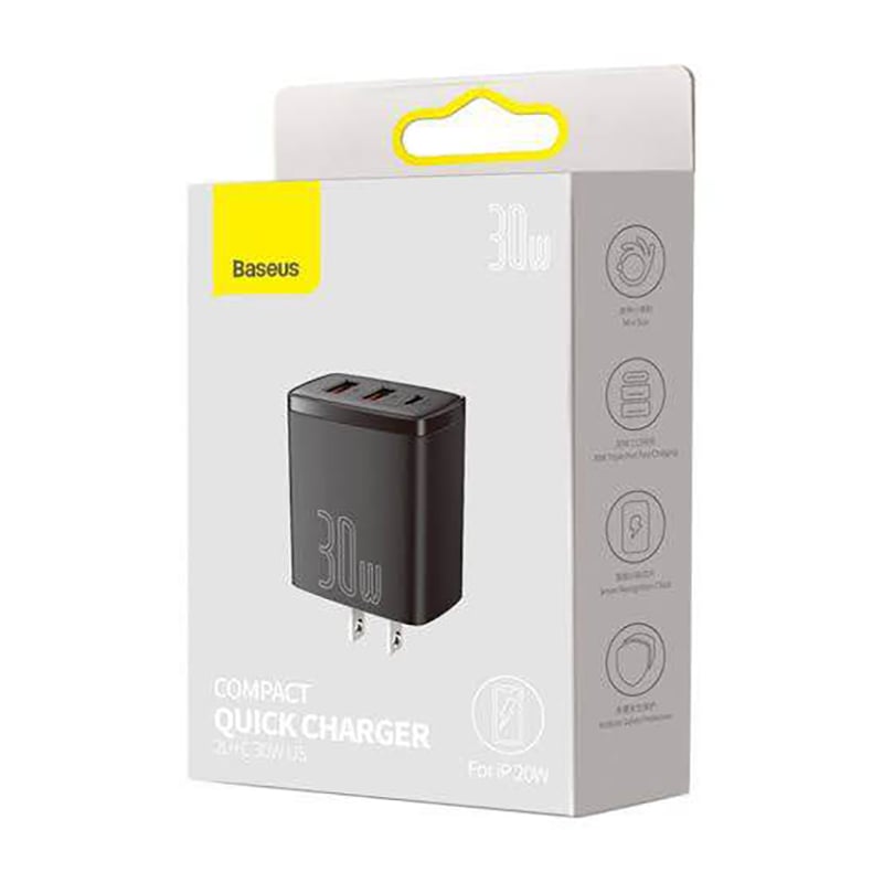 Picture of Baseus 30W USB C Quick Charger Support ~ Type C PD Fast Charging Dual USB Port -Black