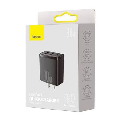 Picture of Baseus 30W USB C Quick Charger Support ~ Type C PD Fast Charging Dual USB Port -Black