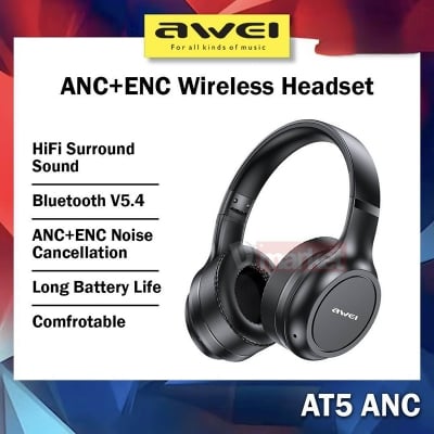 Picture of Awei AT5 ANC ENC Bluetooth Headphone 38H Playtime Deep Bass Active Noise Canceling Environment Noise Reduction HD Calls for Cellphone PC Laptop -Black