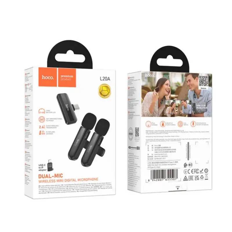 Picture of Hoco L20A Fair Dual Mic Lavalier Wireless Microphone -Black