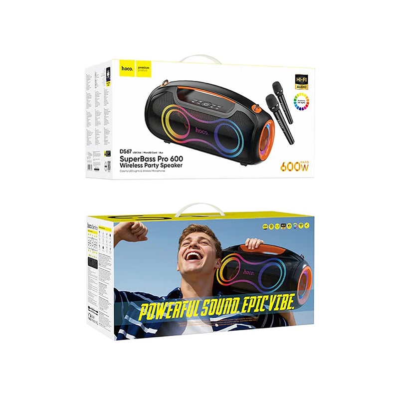 Picture of Hoco 600W Bluetooth Party Speaker With 2 Wireless Microphones, RGB Light, 6000mAh Battery, IPX5 Waterproof (DS67) -Black