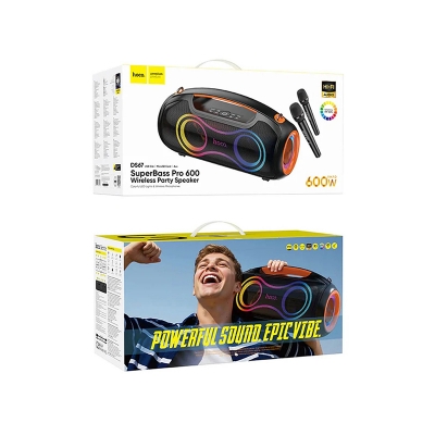 Picture of Hoco 600W Bluetooth Party Speaker With 2 Wireless Microphones, RGB Light, 6000mAh Battery, IPX5 Waterproof (DS67) -Black