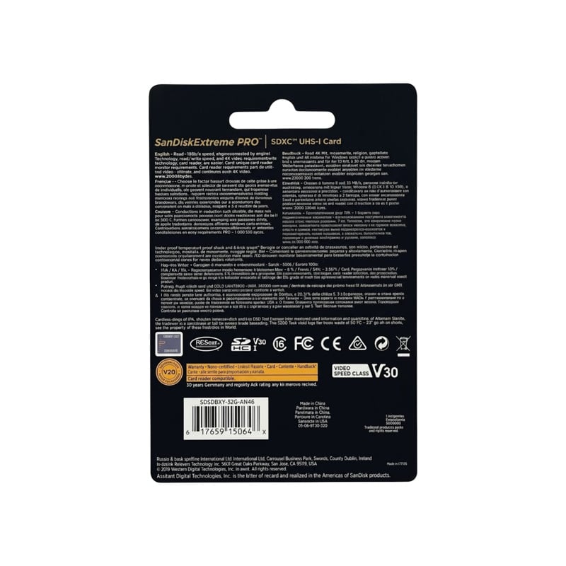 Picture of SanDisk Extreme PRO 32GB SDXC Memory Card, Up to 170 MB/s, Class 10, U3, V30 -32GB