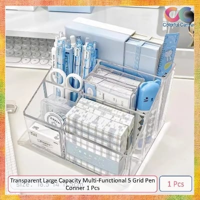 Picture of Transparent Large Capacity Multi-Functional 5 Grid Pen Conner 1 Pcs