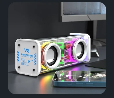 Picture of V8 Bluetooth Speaker Transparent Sound Box Colorful Lights Dual Speaker High Power Subwoofer Soundba