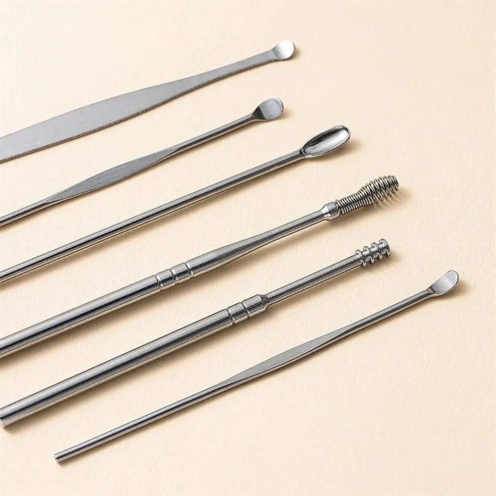 Picture of 6 Pcs/Set Ear Cleaner Wax Vac Removal Stainless Steel Ear Wax Pickers Ear Cleaning Tool Spoon Earwax Remover Beauty Health Earpick - Silver