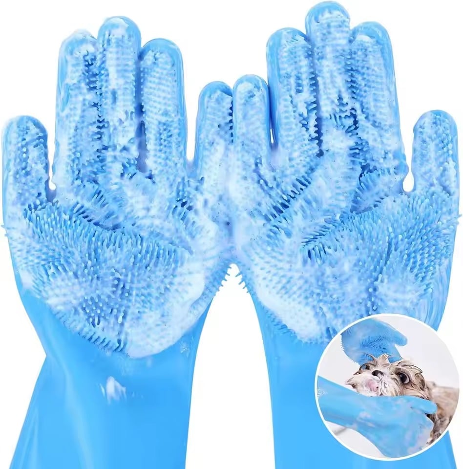 Picture of Silicone Dishes Washing Glove with Cleaning Brush Kitchen Housekeeping Washing Glove 100% Food Grade Dishwashing Gloves Pet Grooming Cleaning Gloves Dog Cat Bathing Shampoo Glove Scrubber- The Asia Express - Multicolor